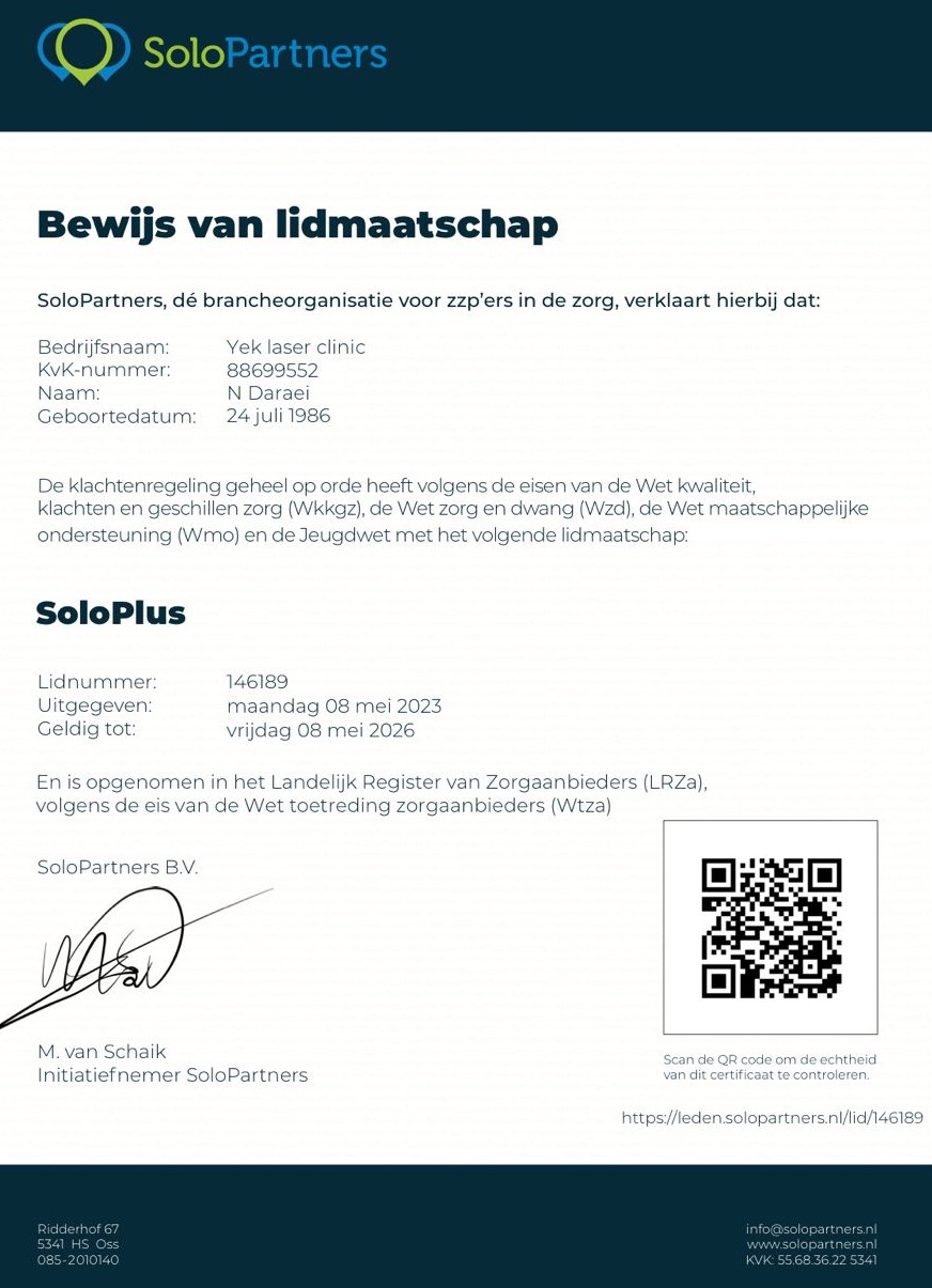Bewijs van lidmaatschap SoloPartners — Yek Laser Clinic, lidnummer 146189, geldig tot 08 mei 2026